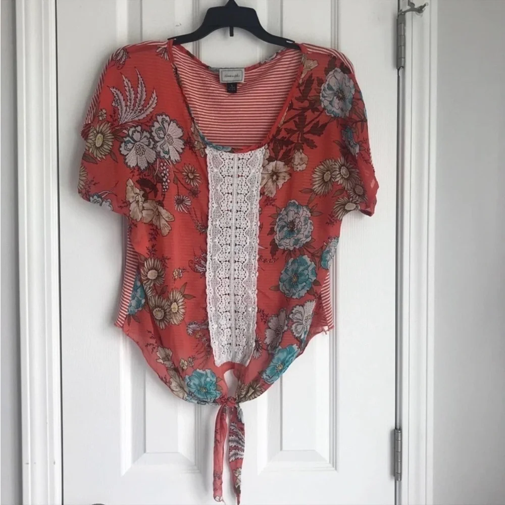 About a Girl... Lace Striped Floral Tie Front Top Orange White Blue Size L